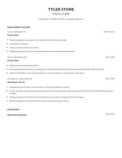 Postal Clerk Resume