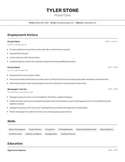 Postal Clerk Resume