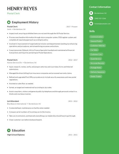 Postal Clerk Resume