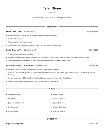 Postal Clerk Resume