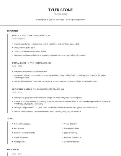 Postal Clerk Resume
