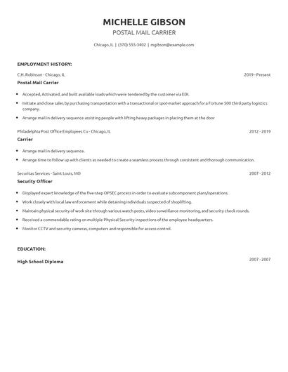Postal Mail Carrier Resume
