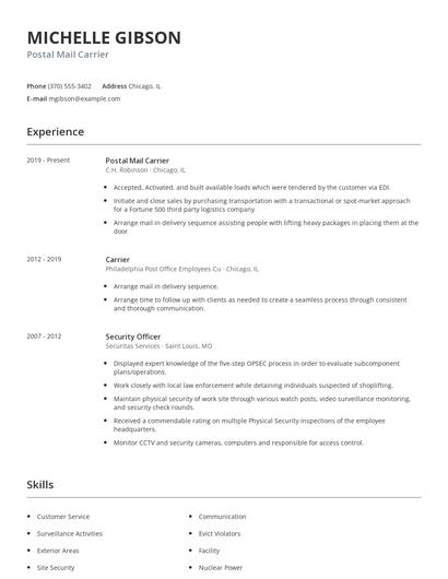 Postal Mail Carrier Resume