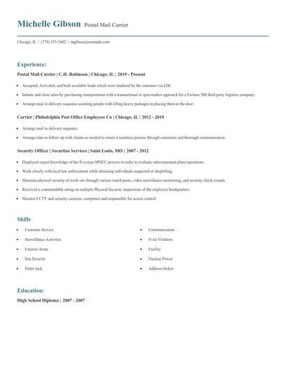 Postal Mail Carrier Resume