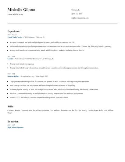 Postal Mail Carrier Resume