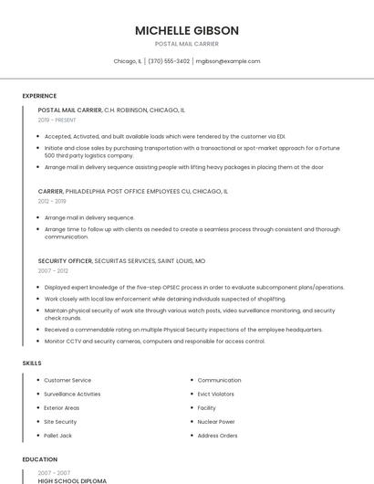 Postal Mail Carrier Resume