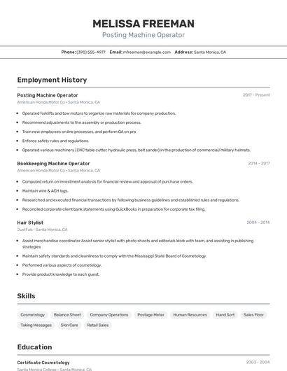 Posting Machine Operator Resume