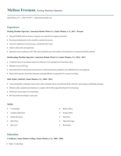 Posting Machine Operator Resume