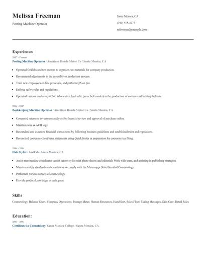 Posting Machine Operator Resume