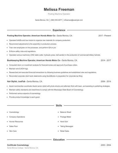 Posting Machine Operator Resume