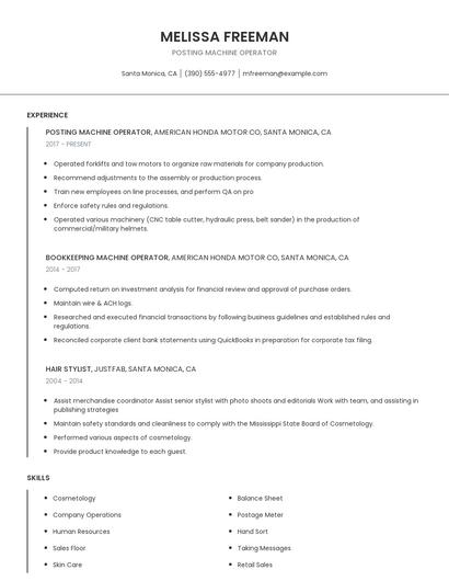 Posting Machine Operator Resume