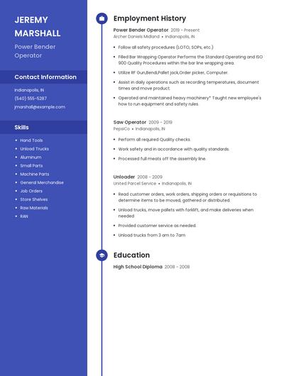 Power Bender Operator Resume