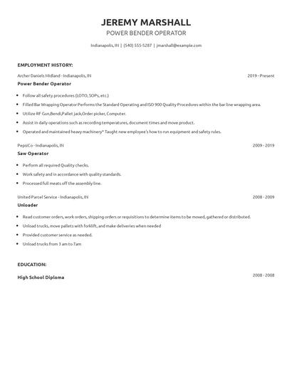 Power Bender Operator Resume