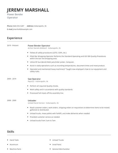 Power Bender Operator Resume