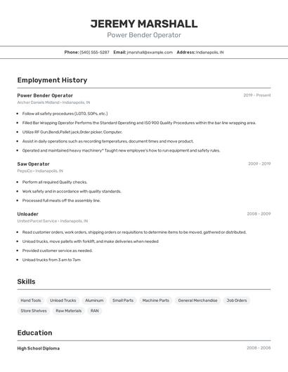 Power Bender Operator Resume