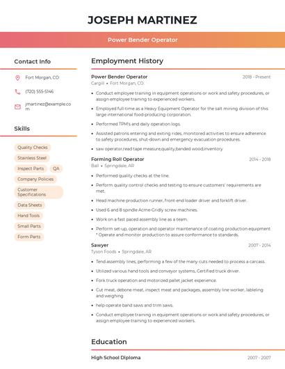 Power Bender Operator Resume