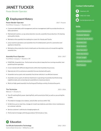 Power Bender Operator Resume
