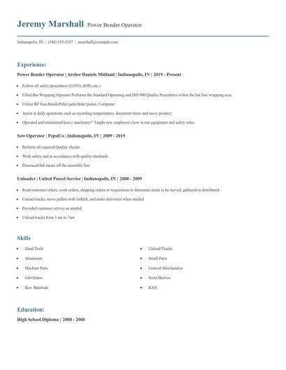Power Bender Operator Resume