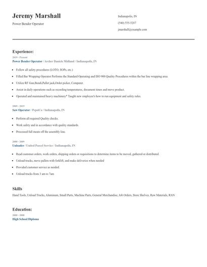 Power Bender Operator Resume