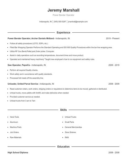 Power Bender Operator Resume