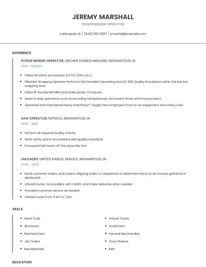 Power Bender Operator Resume