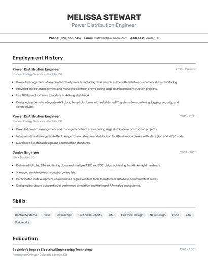 Power Distribution Engineer Resume
