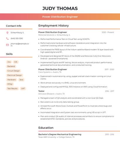 Power Distribution Engineer Resume