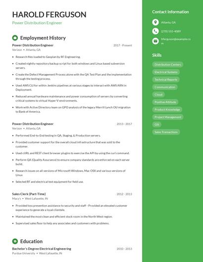 Power Distribution Engineer Resume