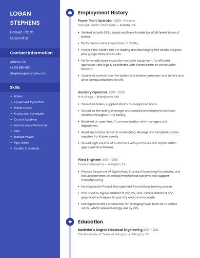 Power Plant Operator Resume