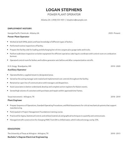 Power Plant Operator Resume
