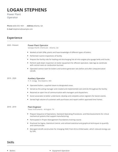 Power Plant Operator Resume