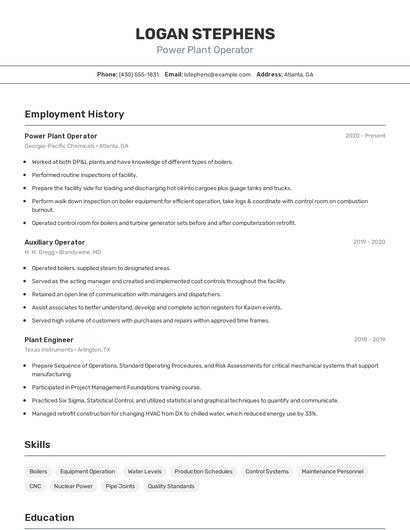 Power Plant Operator Resume
