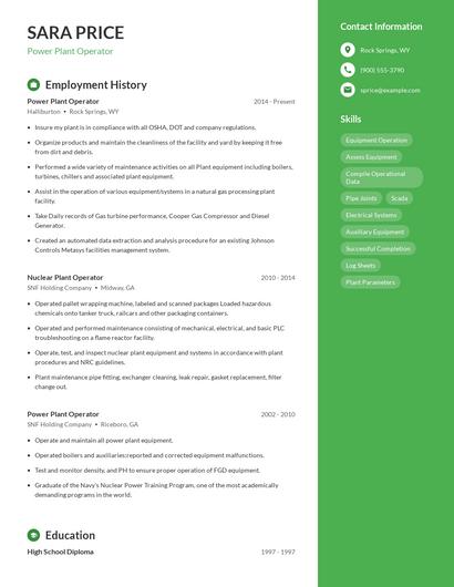Power Plant Operator Resume