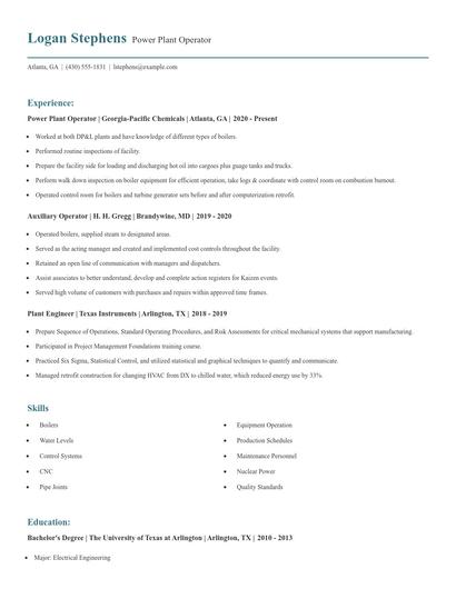 Power Plant Operator Resume