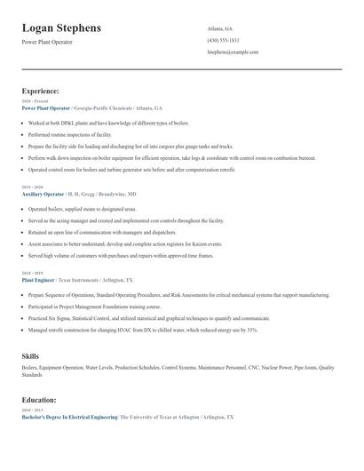 Power Plant Operator Resume