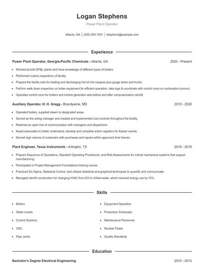 Power Plant Operator Resume