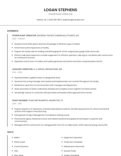 Power Plant Operator Resume