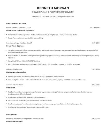 Power Plant Operators Supervisor Resume