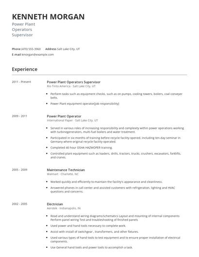 Power Plant Operators Supervisor Resume