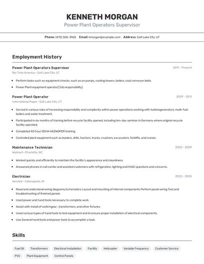 Power Plant Operators Supervisor Resume