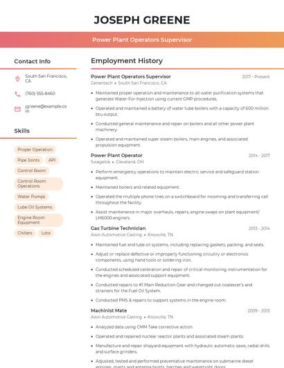Power Plant Operators Supervisor Resume