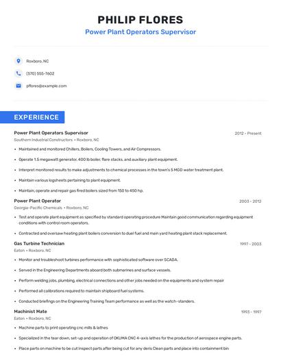 Power Plant Operators Supervisor Resume