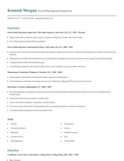 Power Plant Operators Supervisor Resume