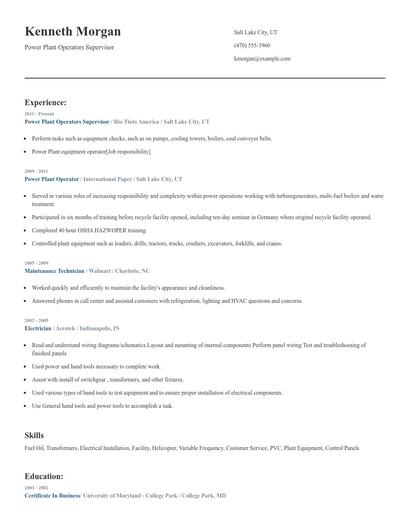 Power Plant Operators Supervisor Resume
