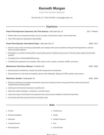 Power Plant Operators Supervisor Resume