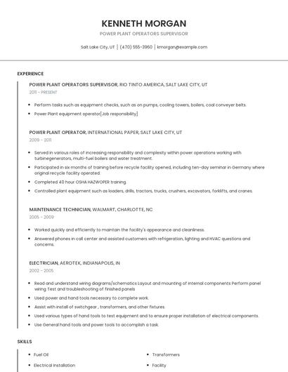 Power Plant Operators Supervisor Resume
