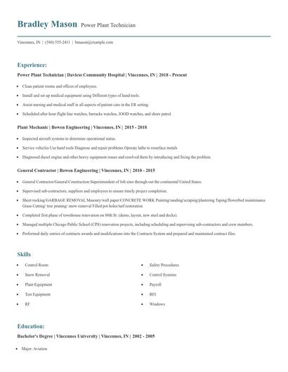 Power Plant Technician Resume