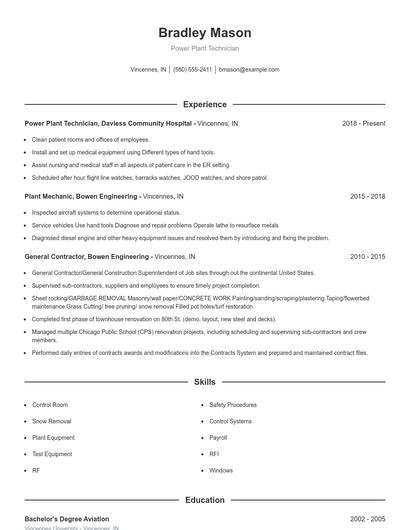 Power Plant Technician Resume