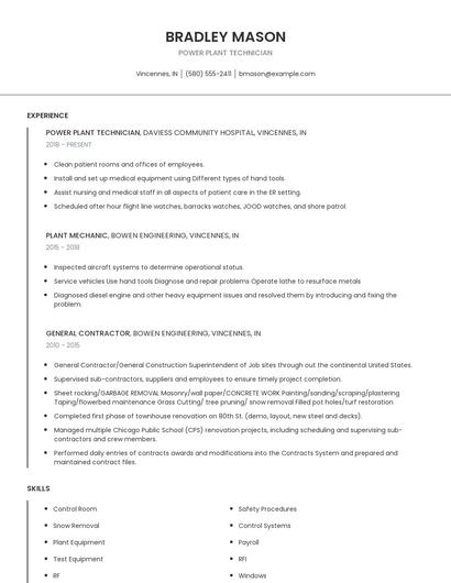 Power Plant Technician Resume