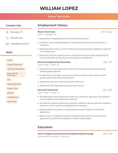 Power Technician Resume
